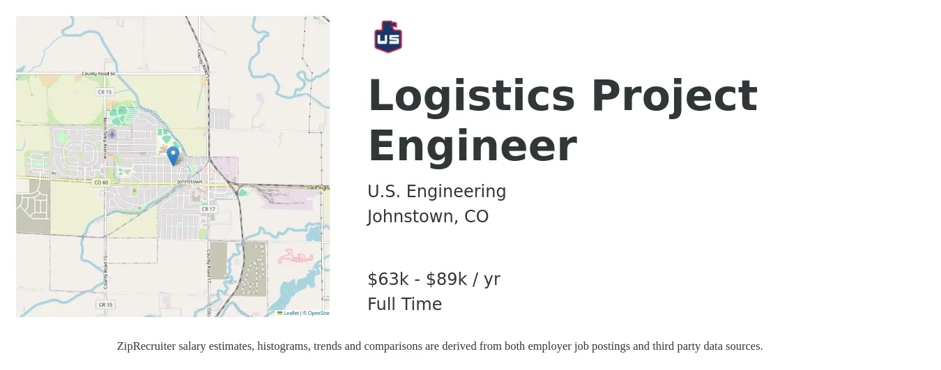 U.S. Engineering job posting for a Logistics Project Engineer in Johnstown, CO with a salary of $63,120 to $94,680 Yearly with a map of Johnstown location.