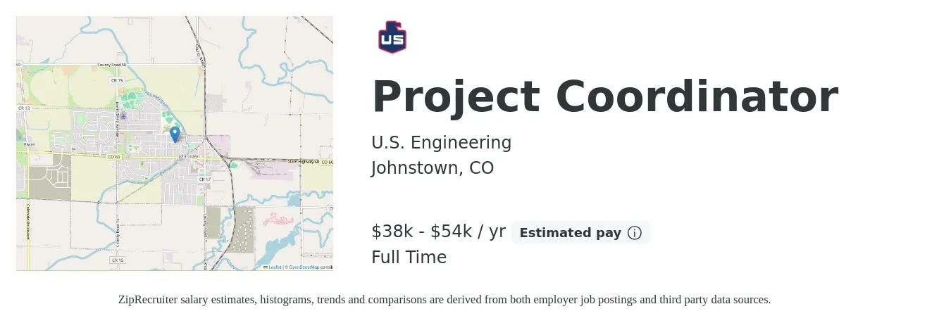 U.S. Engineering job posting for a Project Coordinator in Johnstown, CO with a salary of $38,720 to $54,692 Yearly with a map of Johnstown location.