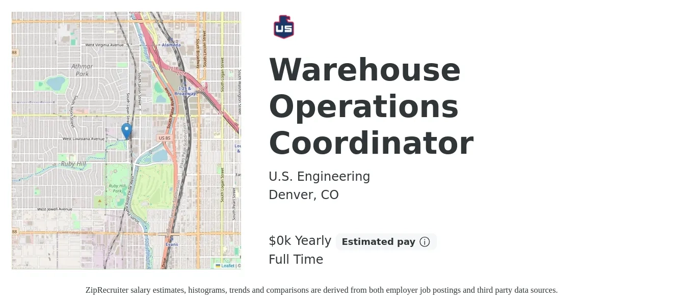 U.S. Engineering job posting for a Warehouse Operations Coordinator in Denver, CO with a salary of $23 to $29 Yearly with a map of Denver location.