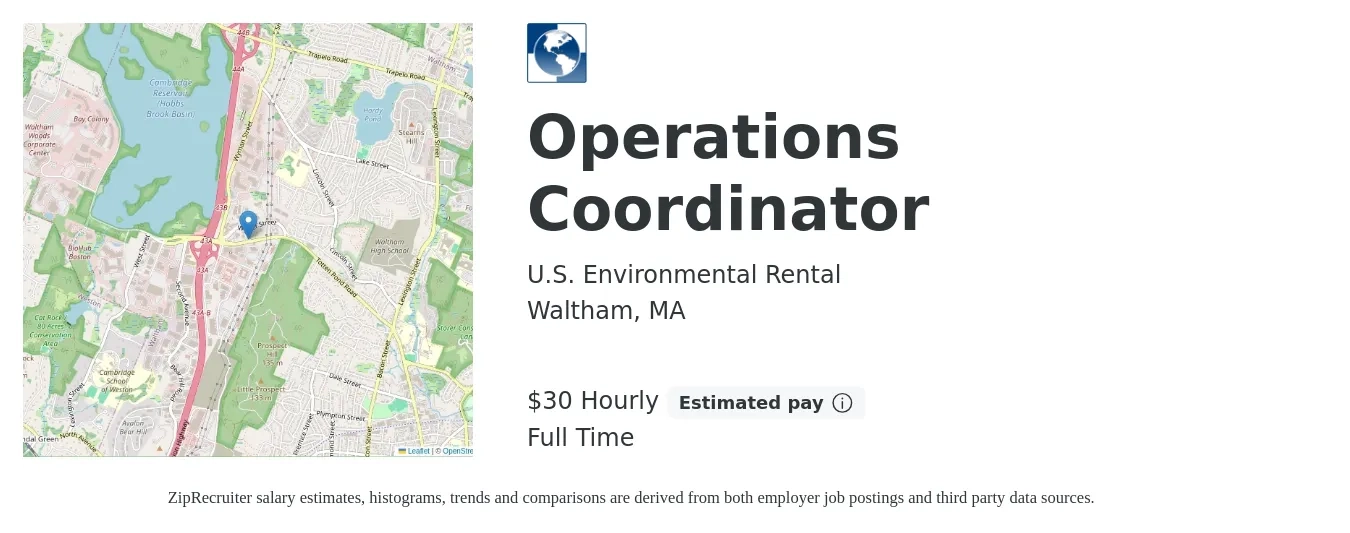 U.S. Environmental Rental job posting for a Operations Coordinator in Waltham, MA with a salary of $65,000 Yearly with a map of Waltham location.