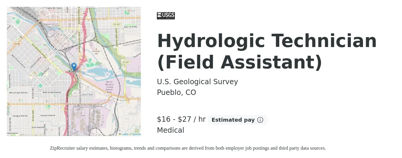 U.S. Geological Survey job posting for a Hydrologic Technician (Field Assistant) in Pueblo, CO with a salary of $17 to $28 Hourly and benefits including medical with a map of Pueblo location.