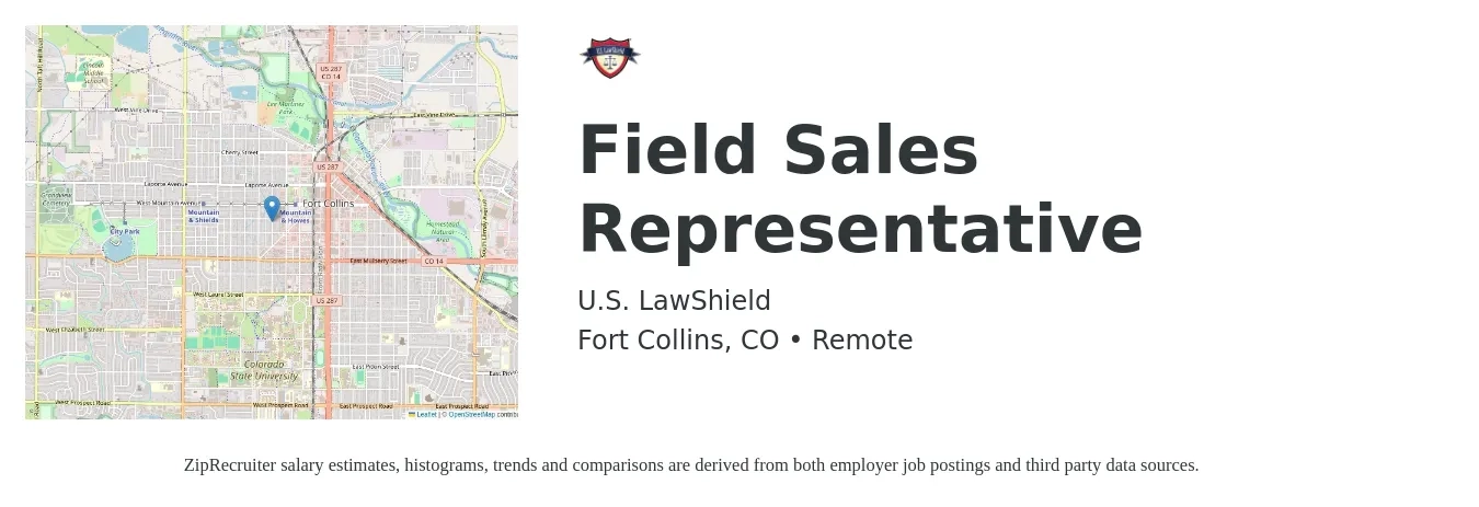 U.S. LawShield job posting for a Field Sales Representative in Fort Collins, CO with a salary of $500 to $900 Weekly with a map of Fort Collins location.