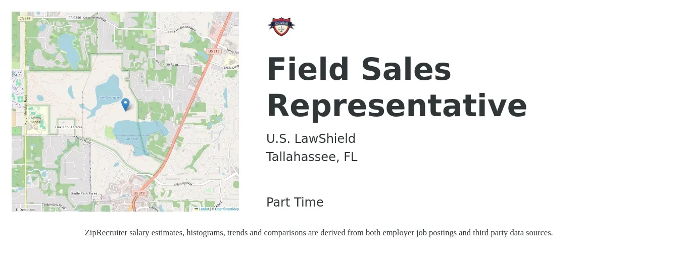 U.S. LawShield job posting for a Field Sales Representative in Tallahassee, FL with a salary of $19 to $26 Hourly with a map of Tallahassee location.