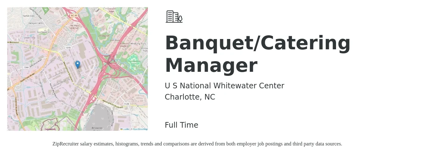 U S National Whitewater Center job posting for a Banquet/Catering Manager in Charlotte, NC with a salary of $42,300 to $65,400 Yearly with a map of Charlotte location.