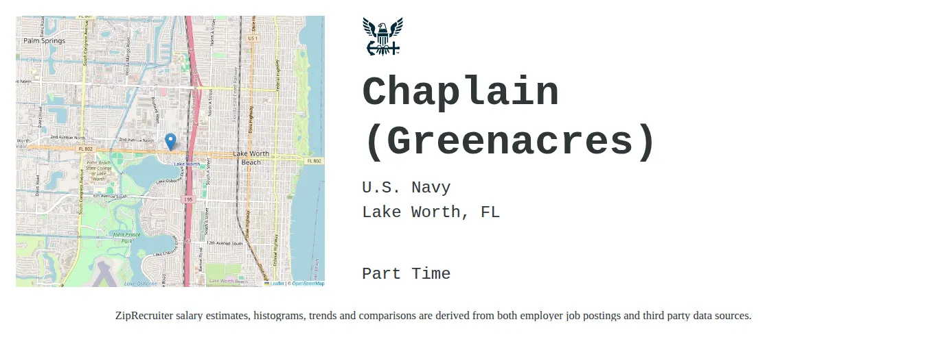 U.S. Navy job posting for a Chaplain in Lake Worth, FL with a salary of $43,300 to $71,400 Annually and benefits including Medical, PTO, and Retirement with a map of Lake Worth location.