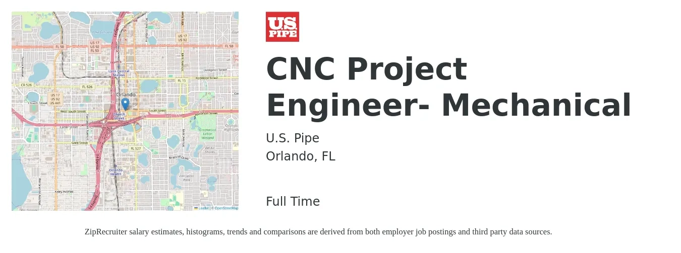 U.S. Pipe job posting for a CNC Project Engineer- Mechanical in Orlando, FL with a salary of $71,900 to $98,000 Yearly with a map of Orlando location.