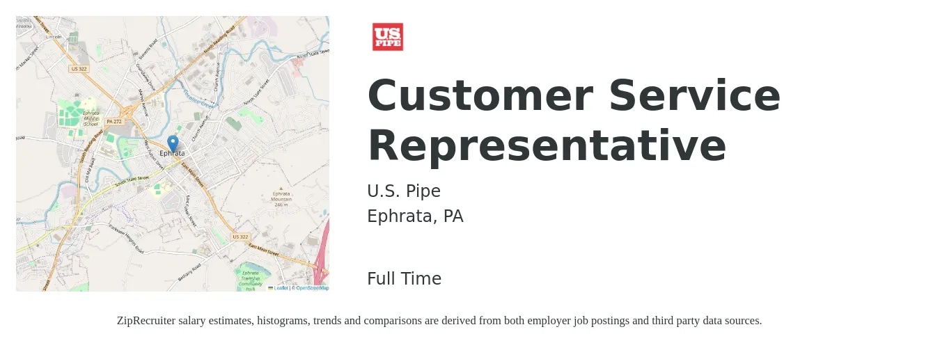 U.S. Pipe job posting for a Customer Service Representative in Ephrata, PA with a salary of $16 to $22 Hourly with a map of Ephrata location.