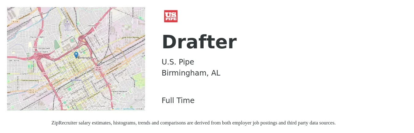 U.S. Pipe job posting for a Drafter in Birmingham, AL with a salary of $20 to $30 Hourly with a map of Birmingham location.