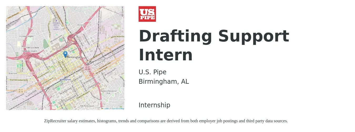 U.S. Pipe job posting for a Drafting Support Intern in Birmingham, AL with a salary of $14 to $21 Hourly with a map of Birmingham location.