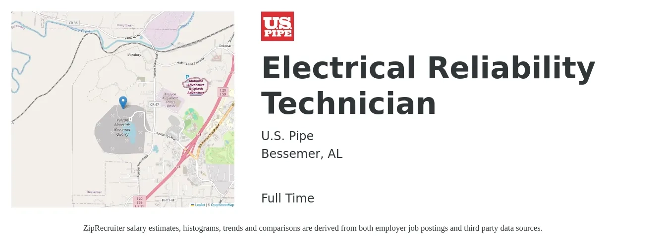 U.S. Pipe job posting for a Electrical Reliability Technician in Bessemer, AL with a salary of $20 to $30 Hourly with a map of Bessemer location.