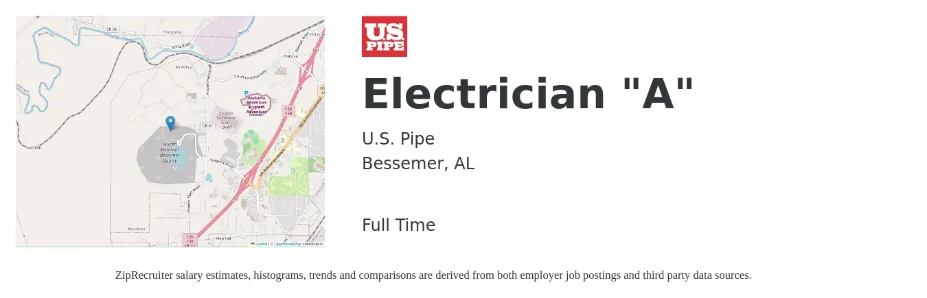 U.S. Pipe job posting for a Electrician "A" in Bessemer, AL with a salary of $22 to $30 Hourly with a map of Bessemer location.