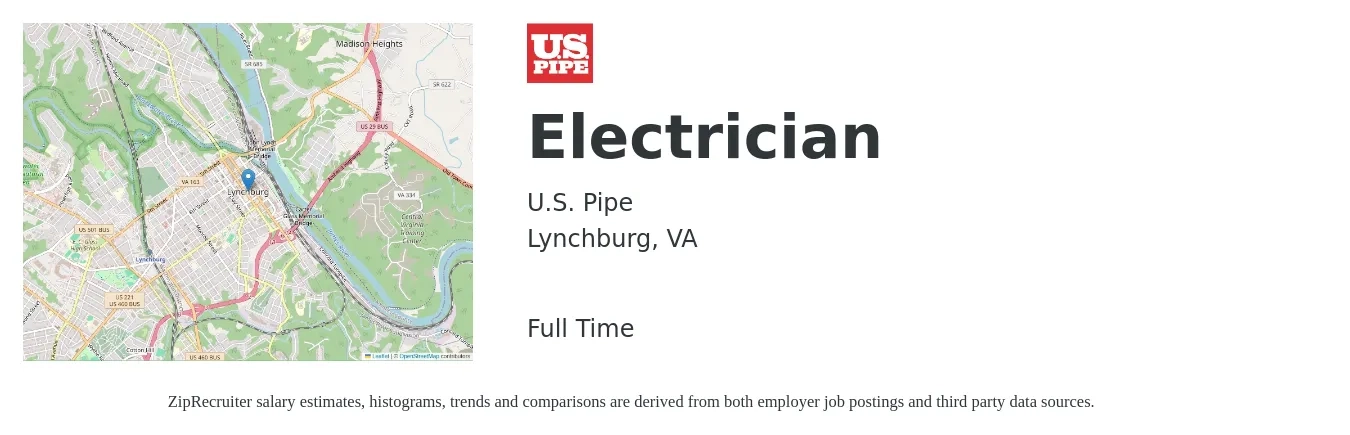 U.S. Pipe job posting for a Electrician in Lynchburg, VA with a salary of $24 to $33 Hourly with a map of Lynchburg location.