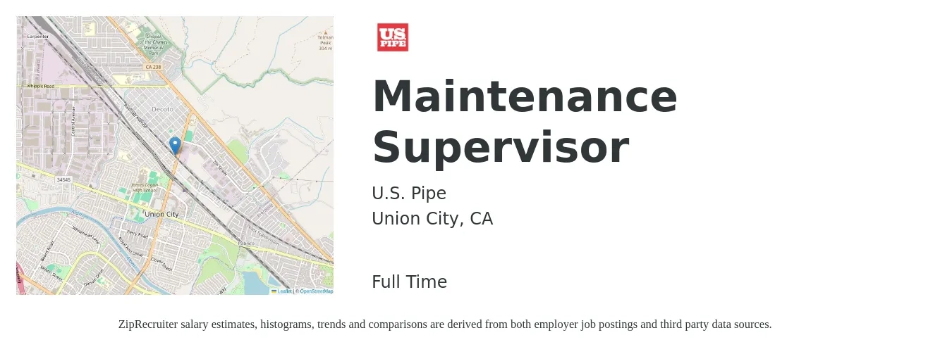 U.S. Pipe job posting for a Maintenance Supervisor in Union City, CA with a salary of $27 to $44 Hourly with a map of Union City location.