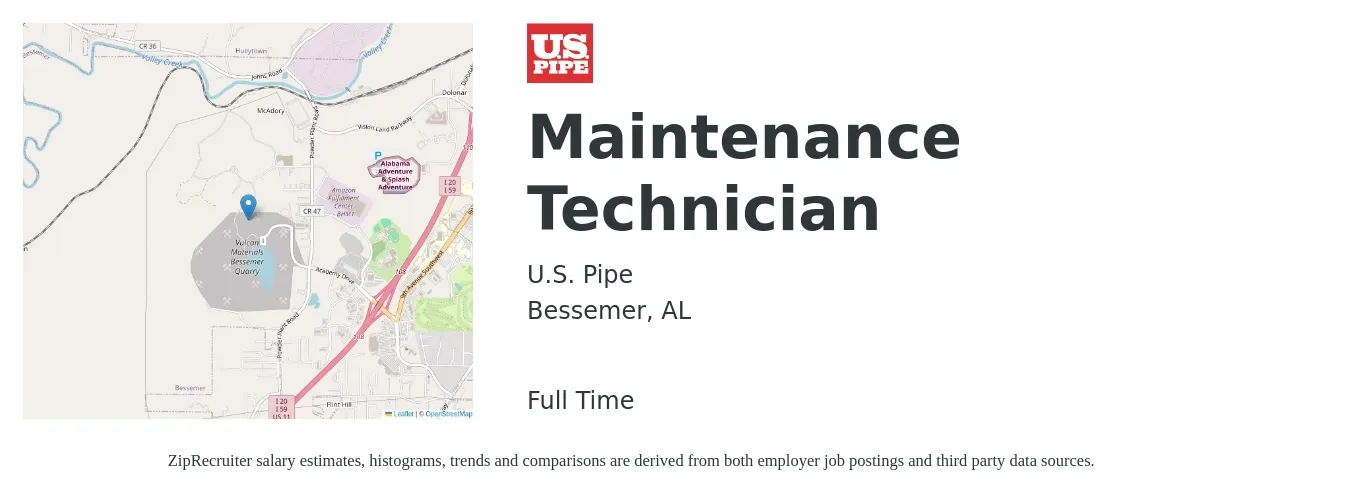 U.S. Pipe job posting for a Maintenance Technician in Bessemer, AL with a salary of $17 to $24 Hourly with a map of Bessemer location.