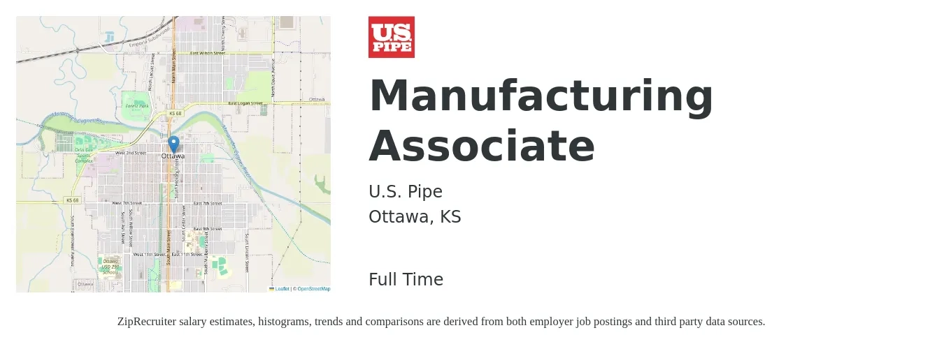 U.S. Pipe job posting for a Manufacturing Associate in Ottawa, KS with a salary of $15 to $21 Hourly with a map of Ottawa location.