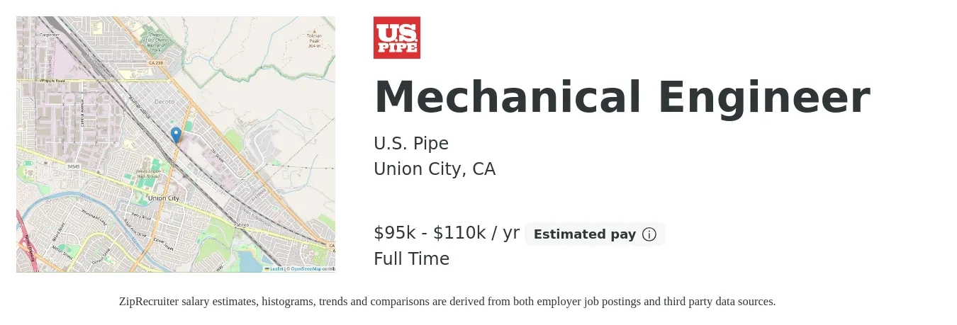 U.S. Pipe job posting for a Mechanical Engineer in Union City, CA with a salary of $95,000 to $110,000 Yearly with a map of Union City location.