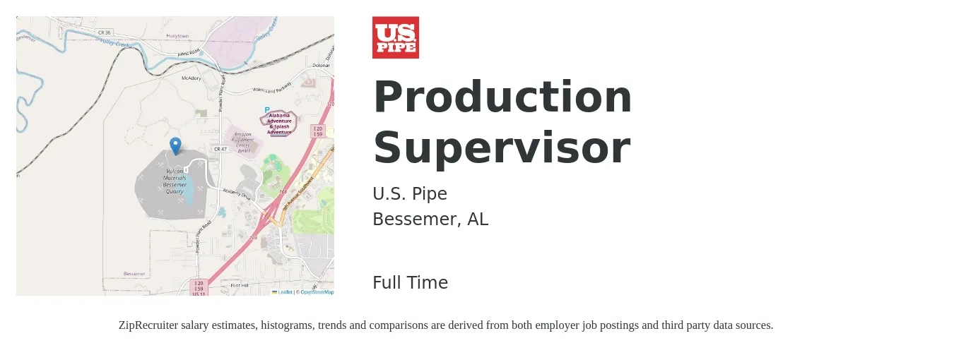 U.S. Pipe job posting for a Production Supervisor in Bessemer, AL with a salary of $50,000 to $71,900 Yearly with a map of Bessemer location.