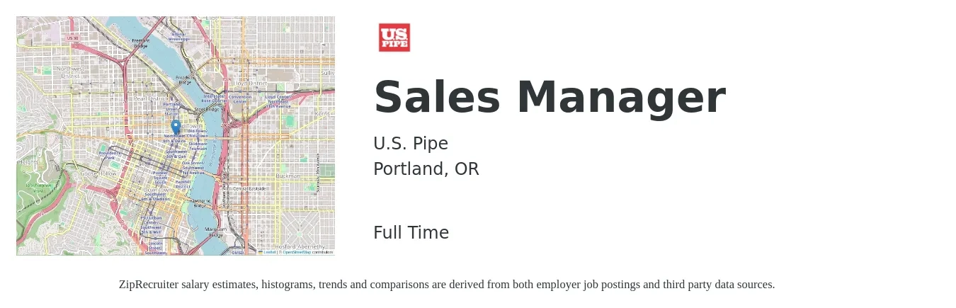 U.S. Pipe job posting for a Sales Manager in Portland, OR with a salary of $47,700 to $102,300 Yearly with a map of Portland location.