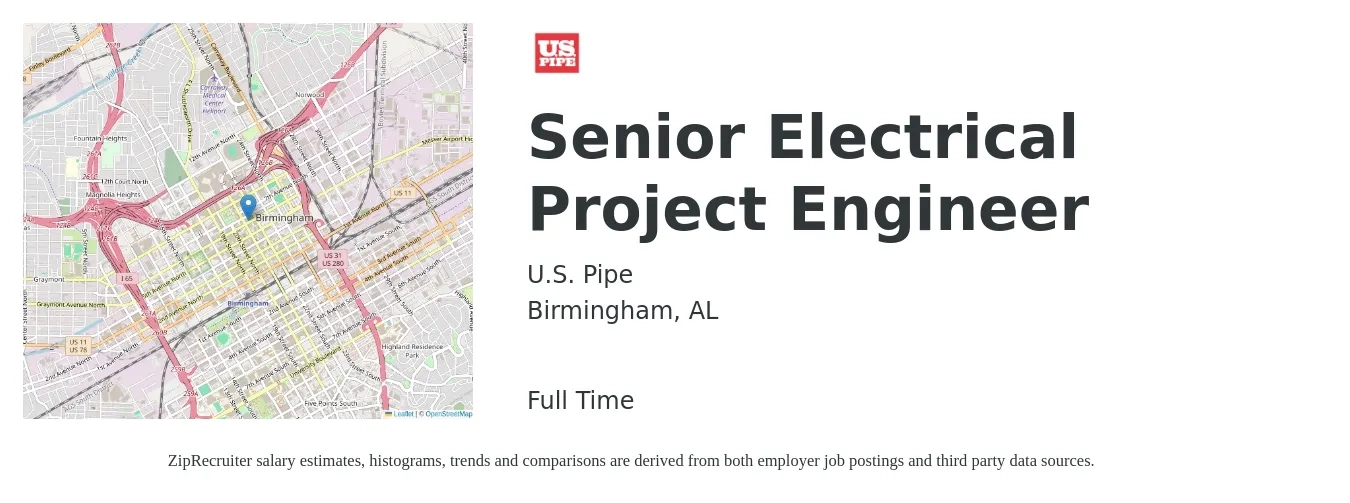U.S. Pipe job posting for a Senior Electrical Project Engineer in Birmingham, AL with a salary of $100,700 to $131,200 Yearly with a map of Birmingham location.