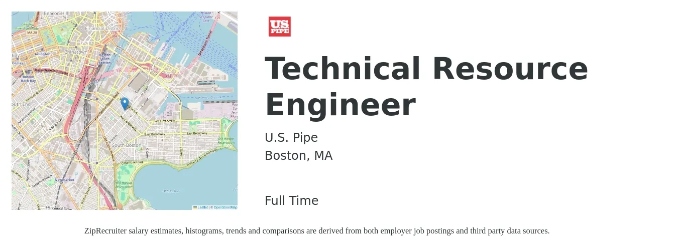 U.S. Pipe job posting for a Technical Resource Engineer in Boston, MA with a salary of $107,600 to $155,400 Yearly with a map of Boston location.