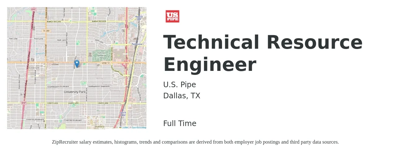 U.S. Pipe job posting for a Technical Resource Engineer in Dallas, TX with a salary of $97,900 to $141,500 Yearly with a map of Dallas location.