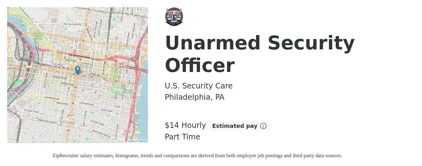 U.S. Security Care job posting for a Unarmed Security Officer in Philadelphia, PA with a salary of $15 Hourly and benefits including pto with a map of Philadelphia location.