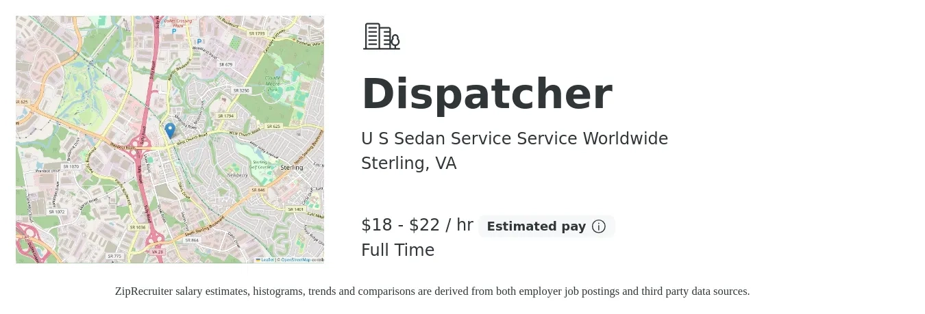 U S Sedan Service Service Worldwide job posting for a Dispatcher in Sterling, VA with a salary of $19 to $23 Hourly with a map of Sterling location.