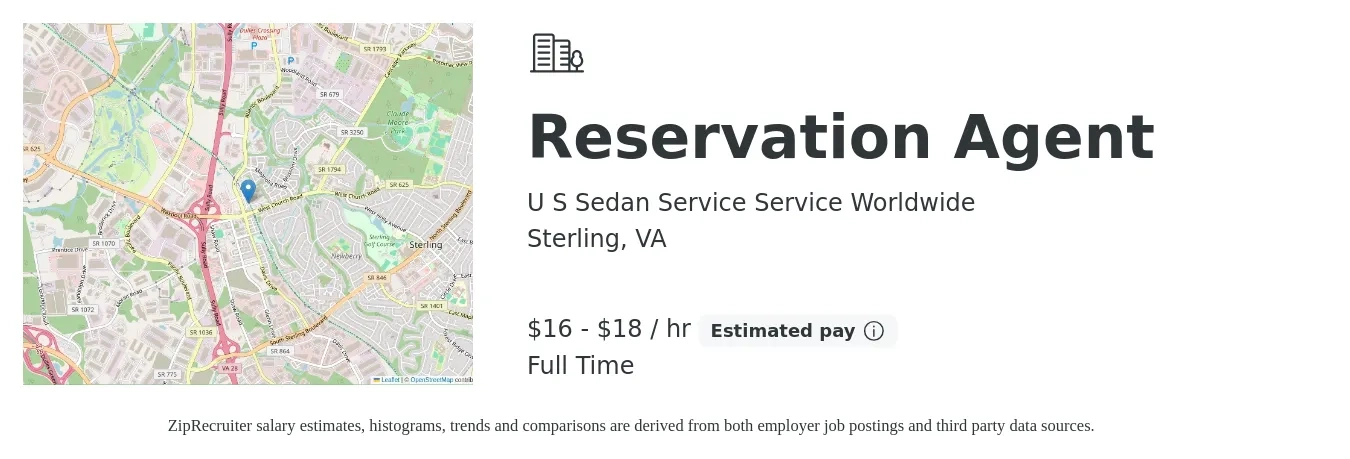 U S Sedan Service Service Worldwide job posting for a Reservation Agent in Sterling, VA with a salary of $17 to $19 Hourly with a map of Sterling location.