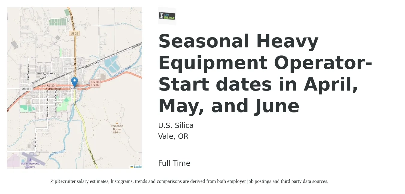 U.S. Silica job posting for a Seasonal Heavy Equipment Operator- Start dates in April, May, and June in Vale, OR with a salary of $19 to $26 Hourly with a map of Vale location.