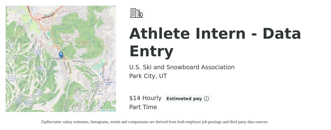 U.S. Ski and Snowboard Association job posting for a Athlete Intern - Data Entry in Park City, UT with a salary of $15 Hourly with a map of Park City location.