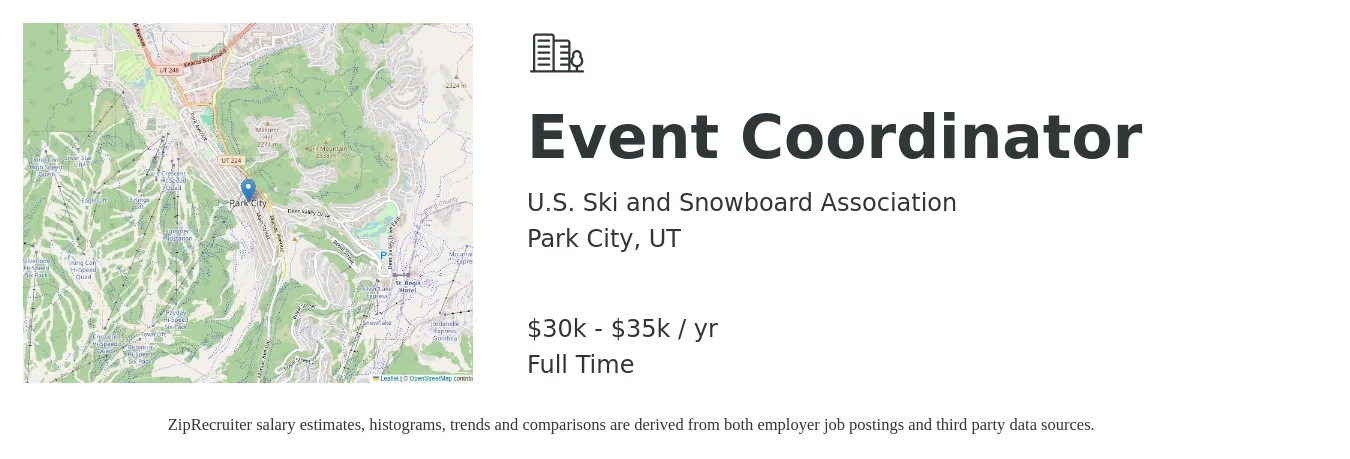 U.S. Ski and Snowboard Association job posting for a Event Coordinator in Park City, UT with a salary of $30,000 to $35,000 Yearly with a map of Park City location.