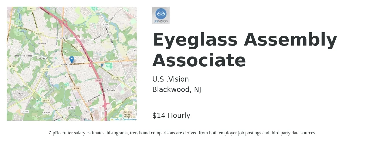 U.S .Vision job posting for a Eyeglass Assembly Associate in Blackwood, NJ with a salary of $15 Hourly with a map of Blackwood location.