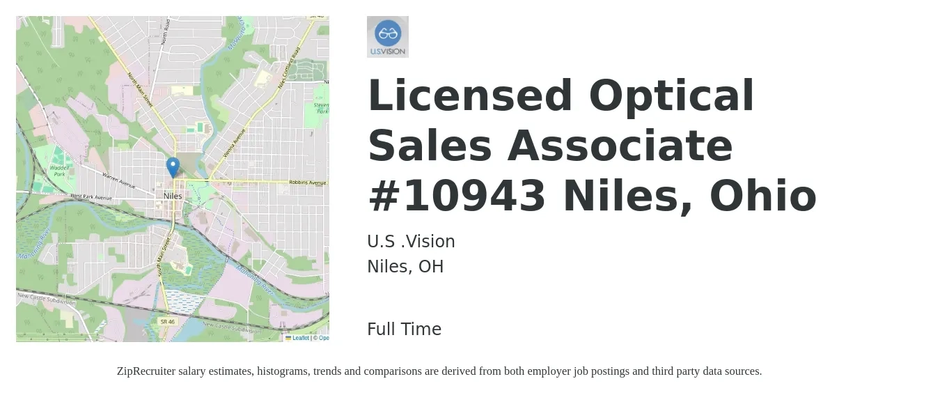 U.S .Vision job posting for a Licensed Optical Sales Associate #10943 Niles, Ohio in Niles, OH with a salary of $14 to $17 Hourly with a map of Niles location.