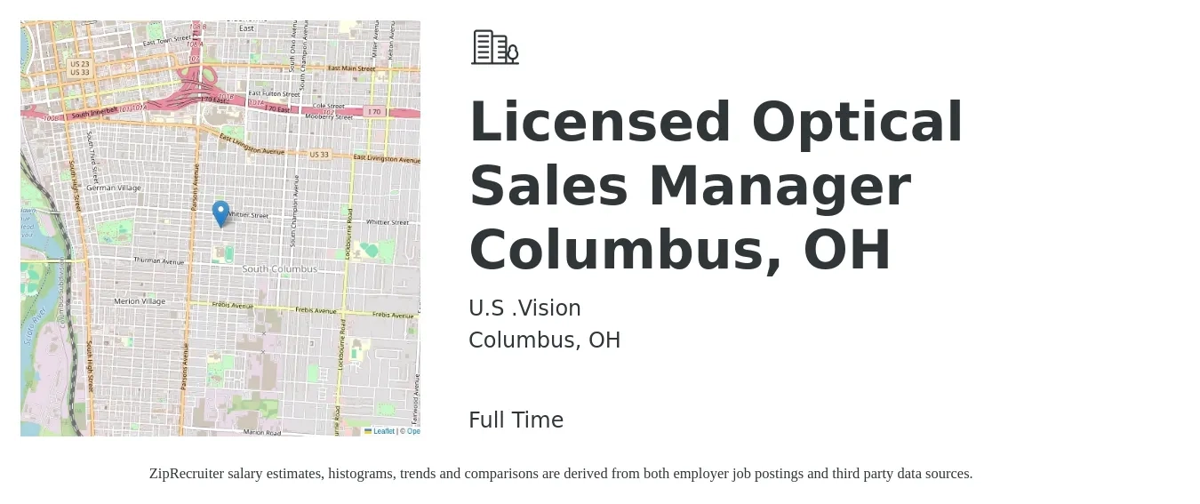 U.S .Vision job posting for a Licensed Optical Sales Manager Columbus, OH in Columbus, OH with a salary of $49,300 to $73,900 Yearly with a map of Columbus location.