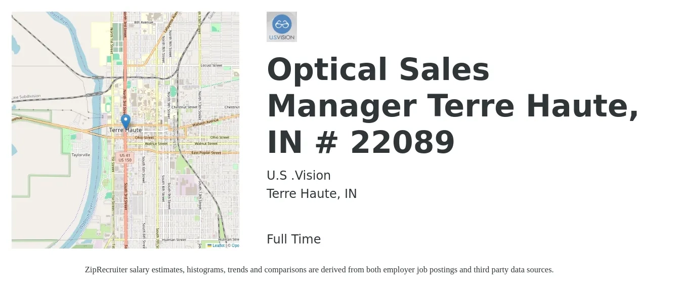 U.S .Vision job posting for a Optical Sales Manager Terre Haute, IN # 22089 in Terre Haute, IN with a salary of $22 to $26 Hourly with a map of Terre Haute location.