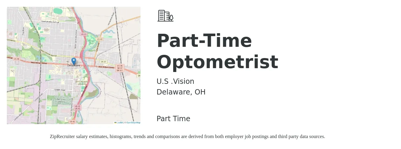 U.S .Vision job posting for a Part-Time Optometrist in Delaware, OH with a salary of $93,000 to $138,600 Yearly with a map of Delaware location.