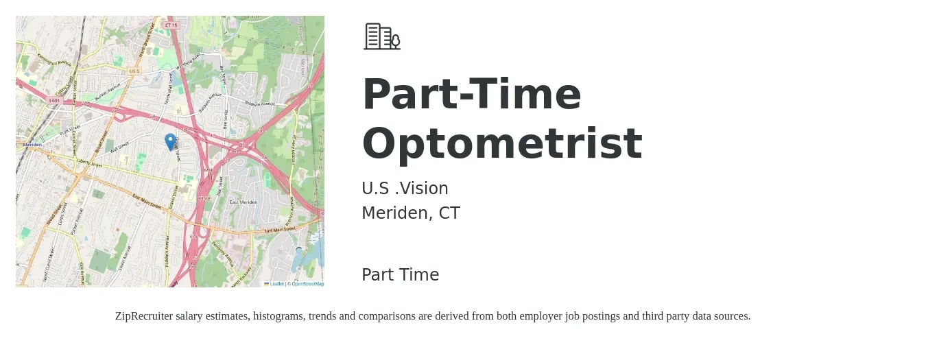 U.S .Vision job posting for a Part-Time Optometrist in Meriden, CT with a salary of $97,600 to $145,400 Yearly with a map of Meriden location.