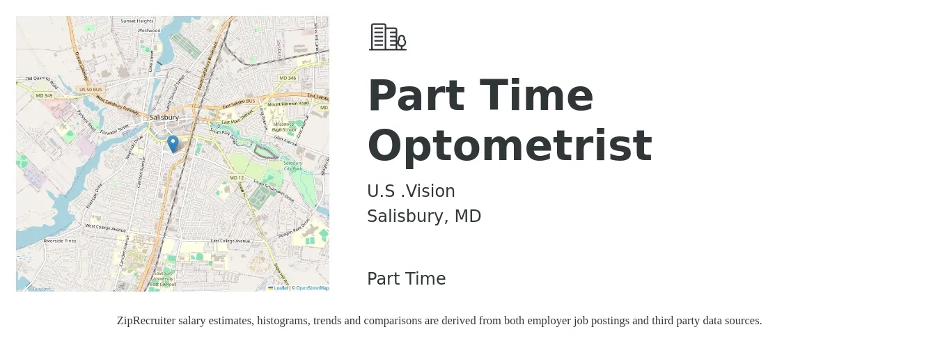 U.S .Vision job posting for a Part Time Optometrist in Salisbury, MD with a salary of $96,800 to $144,200 Yearly with a map of Salisbury location.
