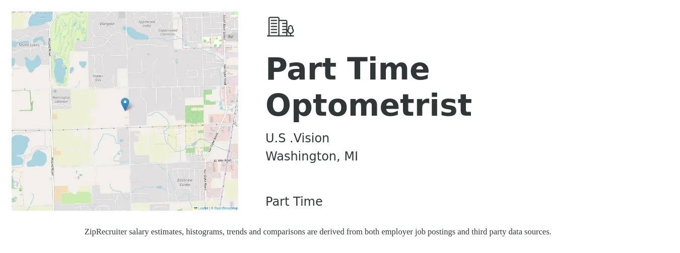 U.S .Vision job posting for a Part Time Optometrist in Washington, MI with a salary of $94,500 to $140,800 Yearly with a map of Washington location.
