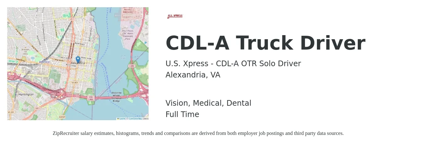 U.S. Xpress - CDL-A OTR Solo Driver job posting for a CDL-A Truck Driver in Alexandria, VA with a salary of $1,280 to $1,850 Weekly and benefits including dental, medical, retirement, and vision with a map of Alexandria location.