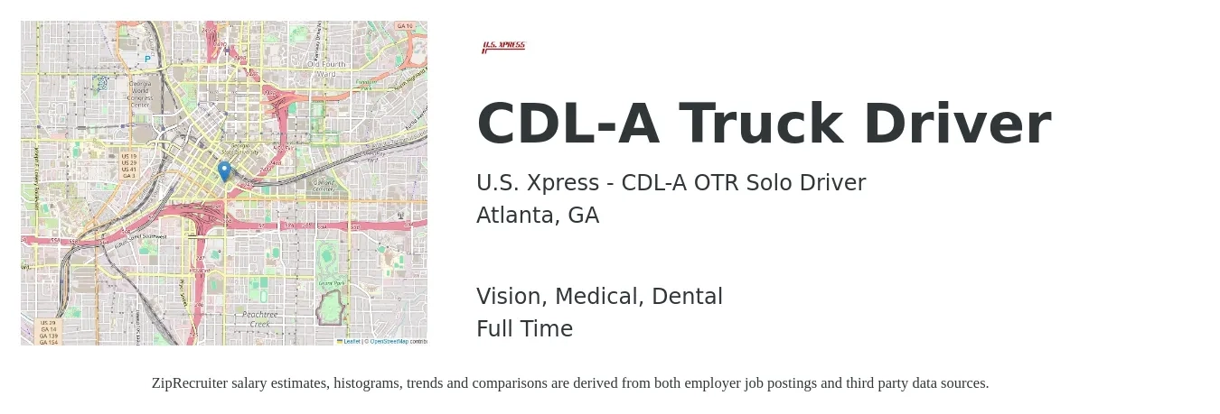 U.S. Xpress - CDL-A OTR Solo Driver job posting for a CDL-A Truck Driver in Atlanta, GA with a salary of $1,150 to $1,660 Weekly and benefits including vision, dental, medical, and retirement with a map of Atlanta location.
