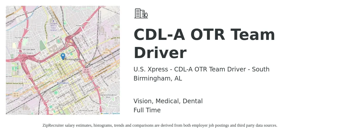 U.S. Xpress - CDL-A OTR Team Driver - South job posting for a CDL-A OTR Team Driver in Birmingham, AL with a salary of $1,290 to $1,700 Weekly and benefits including medical, retirement, vision, and dental with a map of Birmingham location.