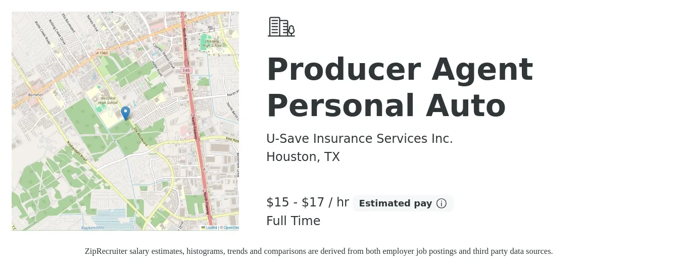 U-Save Insurance Services Inc. job posting for a Producer Agent Personal Auto in Houston, TX with a salary of $16 to $18 Hourly (plus commission) with a map of Houston location.