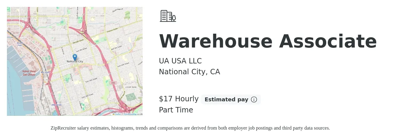 UA USA LLC job posting for a Warehouse Associate in National City, CA with a salary of $18 Hourly with a map of National City location.