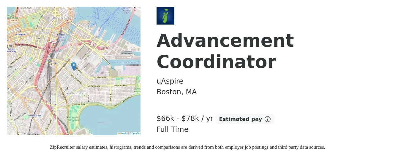 uAspire job posting for a Advancement Coordinator in Boston, MA with a salary of $66,775 to $78,100 Yearly with a map of Boston location.
