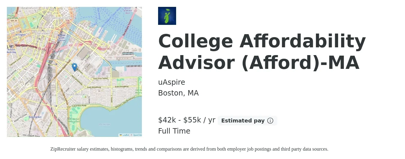 uAspire job posting for a College Affordability Advisor (Afford)-MA in Boston, MA with a salary of $42,600 to $55,000 Yearly with a map of Boston location.