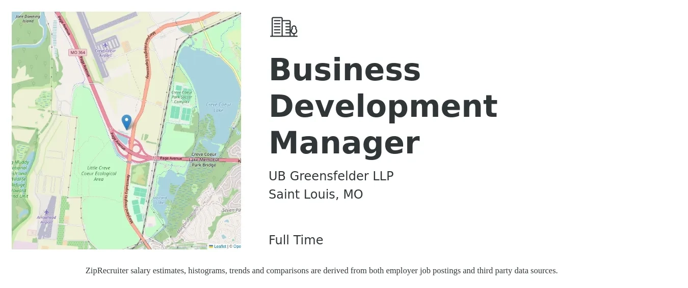UB Greensfelder LLP job posting for a Business Development Manager in Saint Louis, MO with a salary of $59,300 to $97,200 Yearly with a map of Saint Louis location.