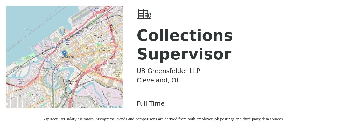 UB Greensfelder LLP job posting for a Collections Supervisor in Cleveland, OH with a salary of $39,300 to $63,500 Yearly with a map of Cleveland location.