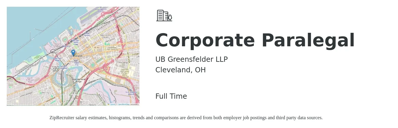 UB Greensfelder LLP job posting for a Corporate Paralegal in Cleveland, OH with a salary of $68,900 to $92,100 Yearly with a map of Cleveland location.