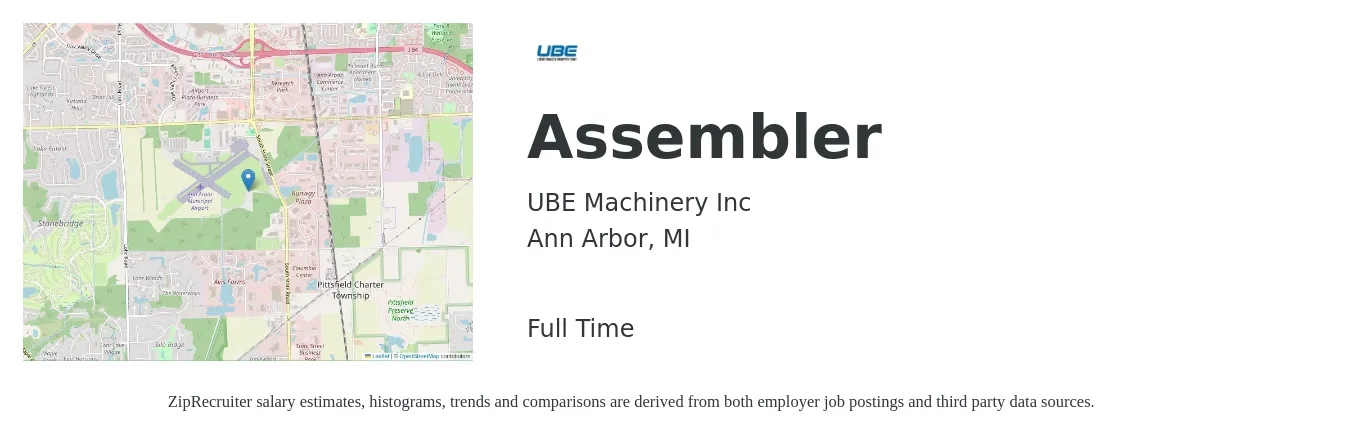 UBE Machinery Inc job posting for a Assembler in Ann Arbor, MI with a salary of $16 to $20 Hourly with a map of Ann Arbor location.